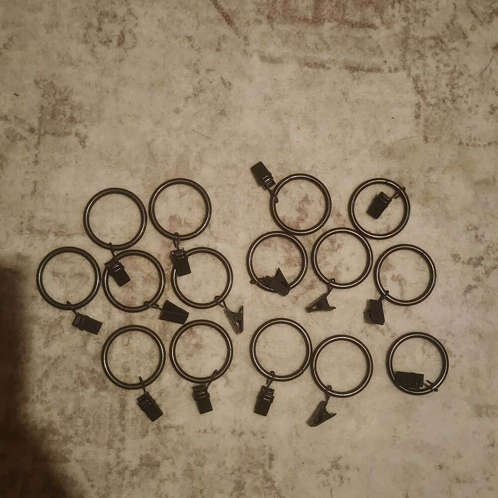 Set of 14 Black Metal Curtain Rings with Attached Clips